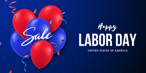 Sticker - USA Happy Labor Day. Celebration banner with red and blue realistic balloons on blue background. Design template for poster, header web, flyer etc.
