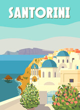 Santorini Poster Travel, Greek White Buildings With Blue Roofs, Church, Poster, Old Mediterranean European Culture And Architecture