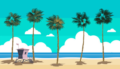 Wall Mural - Beach landscape with Lifeguard Tower, Station. Palms, sea, ocean, coast view