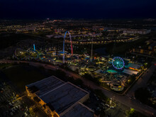Amazing Aerial View Of An Amusement Park In Orlando Florida At Night With The Big Roller Coaster