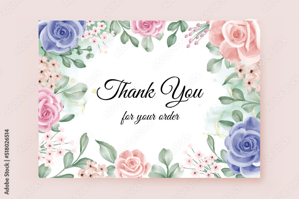 thank you card with flower pink and blue rose frame background Stock ...
