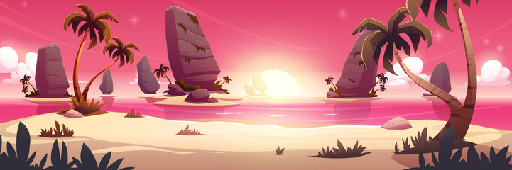 Wall Mural - Sea beach with palm trees and stones in water at sunset. Vector cartoon illustration of summer tropical landscape of lagoon with sand shore, rocks, pink sky and sun on horizon