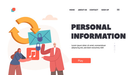 Poster - Personal Information Landing Page Template. Gdpr And Privacy Politics Concept. Tiny People Protecting Secure Data