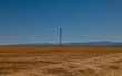 Transmission tower on wheat field against blue sky. Castilla y Leon, Spain