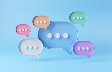 Wall Mural - Minimalist blue red orange green purple speech bubbles talk icons floating over background. Modern conversation or social media messages with shadow. 3D rendering