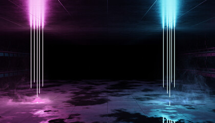 Aufkleber - Futuristic blue and pink neon lights interior. Cyber neon laser tubes in garage room hangar. Sci fi dark tunnel warehouse with metal panels wall lighted. Construction corridor 3d Rendering