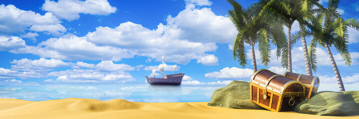 Wall Mural - boxes or treasure chests. wooden treasure chest put on the beach at a deserted island in the theme of Pirate treasure. 3D rendering