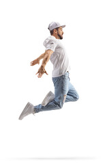 Poster - Full length profile shot of a male hip hop dancer in a jumping pose