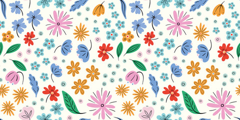 Flower pattern background vector border, trendy seamless repeat design banner of hand drawn flowers and leaves. 