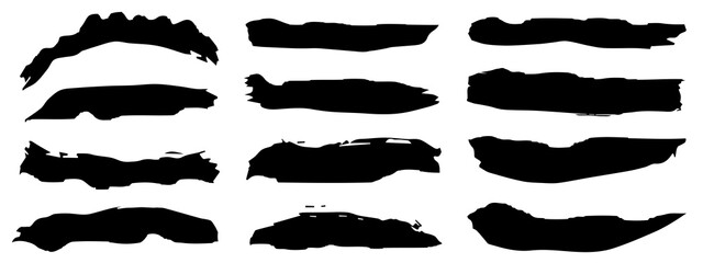 Wall Mural - Vector collection of artistic grungy black paint hand made creative brush stroke set isolated on banner background. A group of abstract grunge sketches for design education or graphic art decoration