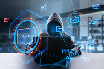 Aufkleber - hacker sitting at desk and using laptop with creative glowing connected communication hologram on blurry office interior background. Technology, hacking and wireless networking concept.
