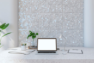 Poster - Close up of creative designer desktop with empty white laptop screen, coffee cup, lamp, supplies various other objects and shiny light tile wall background. 3D Rendering.