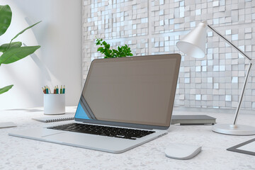 Poster - Close up of creative designer desktop with empty laptop screen, lamp, supplies various other objects and shiny light tile wall background. 3D Rendering.