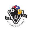 Billiards design logo featuring black, yellow, blue, red, purple balls and simple text, billiard room, triangle or billiard club, billiard ball, icons, symbols, templates