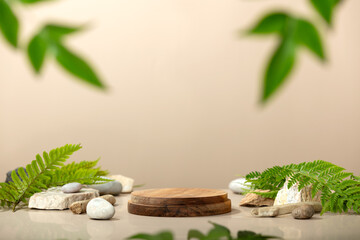 background for cosmetic products of natural beige color. wood podium with green leaves and natural s