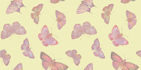  Abstract watercolor butterflies collected in a seamless pattern.