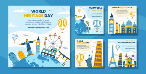 World Heritage Day Social Media Post Template Cartoon Background Vector Illustration