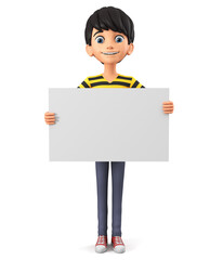 Sticker - Guy cartoon character in a striped t-shirt isolated on a white background is holding a blank board. 3d rendering illustration.