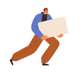 Poster - Man holding blank placard, sheet of paper. Happy person carrying empty board background for promo message. Young guy with ad banner mockup in hands. Flat graphic vector illustration isolated on white