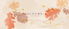Autumn Foliage In Watercolor Vector Background. Abstract Wallpaper Design With Oak Leaves, Line Art, Flowers. Elegant Botanical In Fall Season Illustration Suitable For Fabric, Prints, Cover.