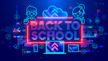 Tech Cartoon Frame With Title Back To School. Banner With Boy, Girl, Laptop, Kids Doodle Electronic Devices And Icons Of School Subjects. Neon Letters Back To School N Vintage Technology Style.