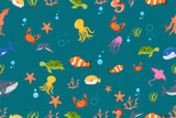 Fototapeta Dinusie -  Fish and wild marine animals  pattern. Seamless background with cute marine fishes, smiling shark characters and sea underwater world vector nautical wallpaper