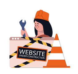 Website under construction concept. Character fixing the site. Colorful flat vector illustration