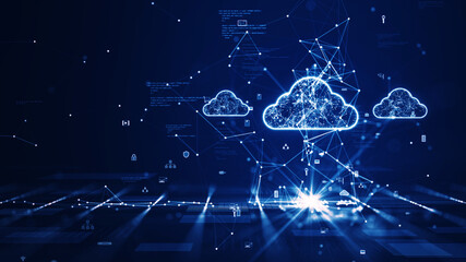 Wall Mural - Cloud and edge computing technology concept with cybersecurity data protection system. Three large cloud icons stand out on the right side. polygon connect code small icon on dark blue background.