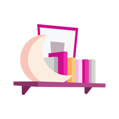 Poster - Moon shaped lamp and books on shelf semi flat color vector object. Home interior. Full sized item on white. Decor simple cartoon style illustration for web graphic design and animation