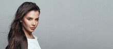 Perfect Brunette Woman Face Closeup On Gray Banner Background Portrait