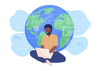 Poster - Freelancer 2D vector isolated illustration. Man working remotely flat character on cartoon background. Home office. Remote work colourful editable scene for mobile, website, presentation