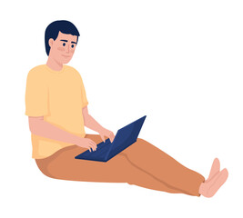 Poster - Smiling man with laptop semi flat color vector character. Editable figure. Full body person on white. Work and entertainment simple cartoon style illustration for web graphic design and animation