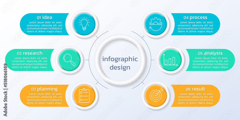 6 circle elements with business icons. Six step infographic 3d design ...