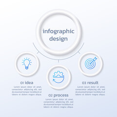 3 steps circle infographic design with business icons. 3d diagram, process, presentation template. Modern info graphic elements. Vector illustration.