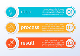 3 number list template. Five step business layout with text banners, numbers and icons. Modern info graphic design. Presentation, chart, brochure concept with 3d elements. Vector illustration.