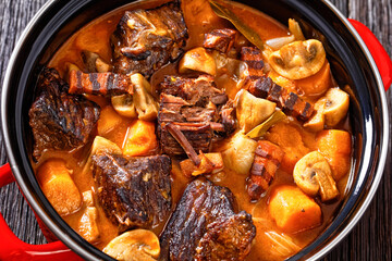 Wall Mural - Beef Bourguignon, Beef Burgundy in pot, top view