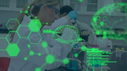 Poster - Animation of science data processing over three caucasian scientists in laboratory