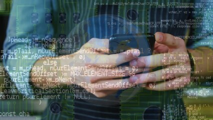Poster - Animation of data processing over hands of caucasian waiter using smartphone