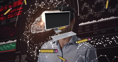 Poster - Animation of diverse data and screen over caucasian man in vr headset and digital padlock