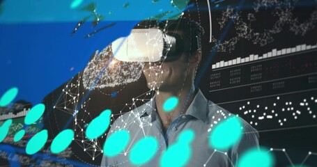 Poster - Animation of graphs, connections and data over caucasian man in vr headset
