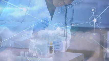 Poster - Animation of network of connections and sky over african american female lab worker
