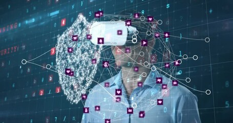 Poster - Animation of connections over caucasian man in vr headset and digital padlock