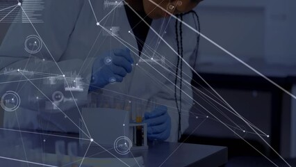 Poster - Animation of network of connections over african american female lab worker