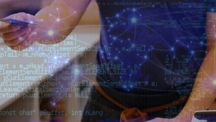 Aufkleber - Animation of data processing over hands of caucasian man using bank card and terminal