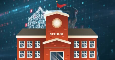 Poster - Animation of school, data and digital padlock over caucasian man in vr headset