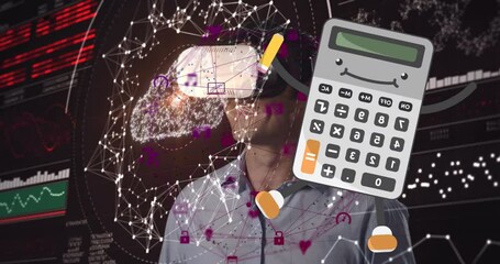 Poster - Animation of connections, data and calculator over caucasian man in vr headset