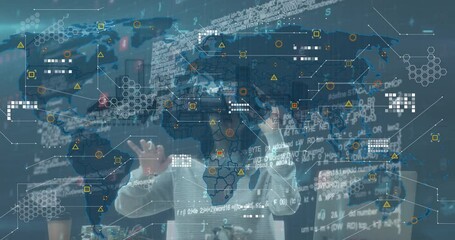 Poster - Animation of world map, data and metaverse city over caucasian woman in vr headset