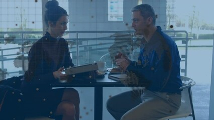 Poster - Animation of globe over diverse business people using tablet