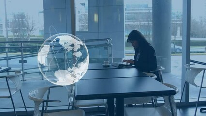 Poster - Animation of globe over biracial businesswoman using tablet