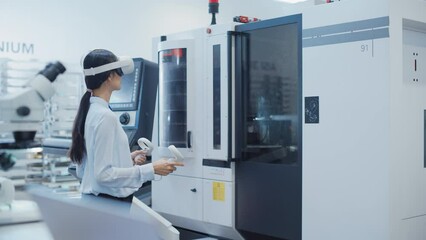 Poster - Professional Research and Development Specialist Wearing a Virtual Reality Headset and Operating a Heavy Industry Machine at a Factory. Technician Configuring Industrial Machinery with VR Technology.